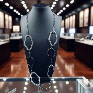 Chicos Long Silver Abstract Link Necklace Statement Chain Boho Jewelry Gift